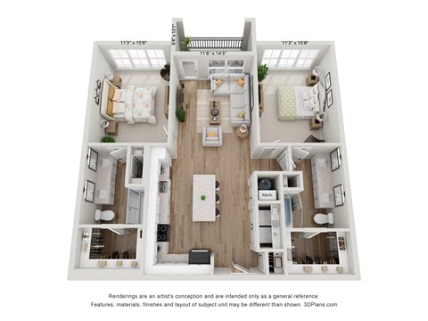 Floor plan for 2 beds, 2 baths, 1237 sqft